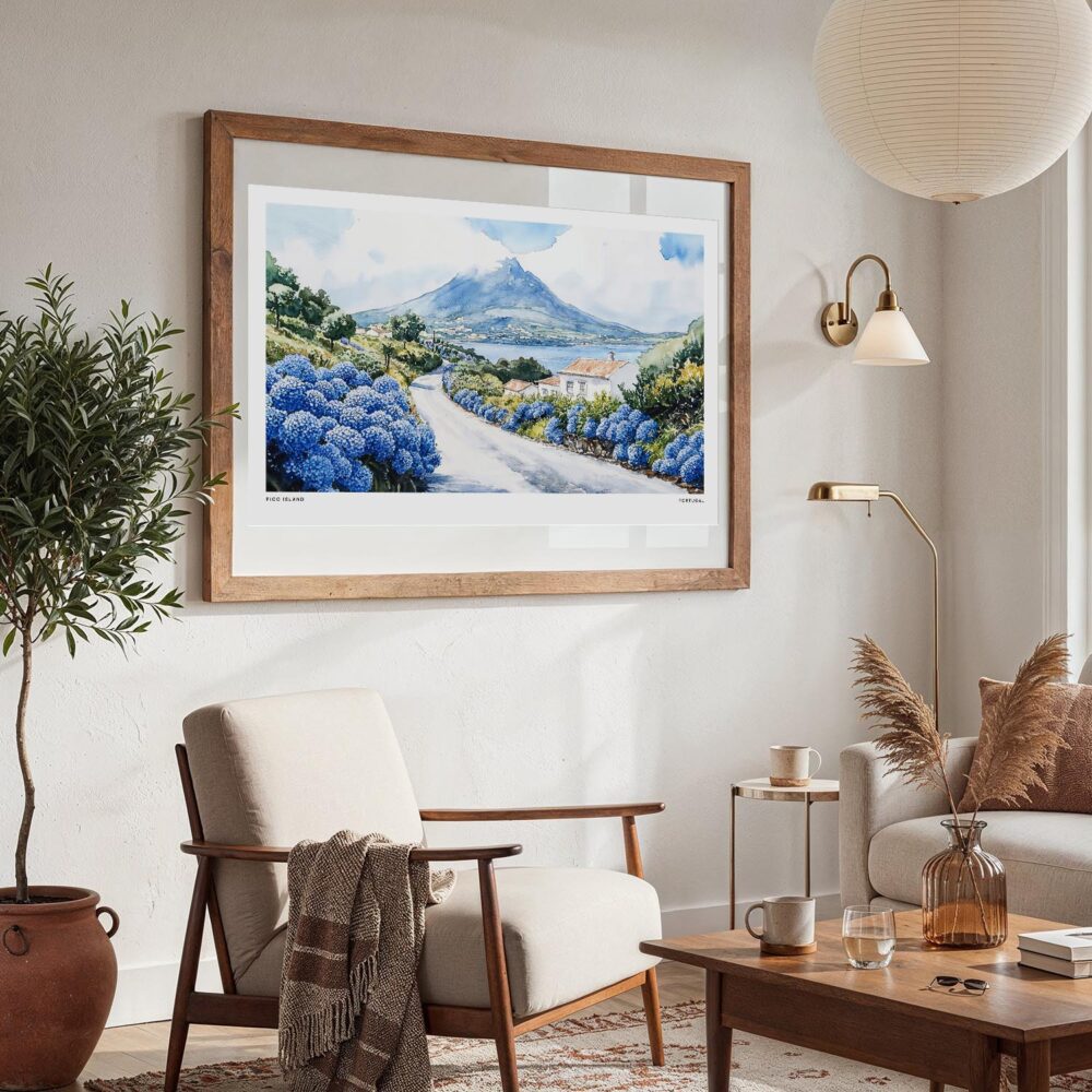 06 - Large Pico Island Watercolor - Horizontal Art Print in Boho Living Room with vintage Wood frame.jpg 06 - Large Pico Island Watercolor - Horizontal Art Print in Boho Living Room with vintage Wood frame.jpg