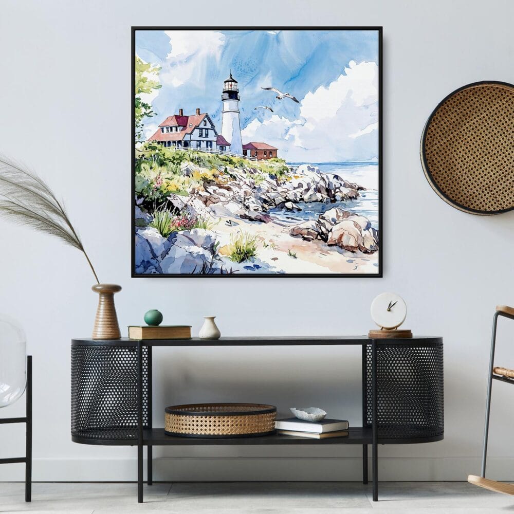 06 - Large Portland Maine Head Light Watercolor - Square Canvas Print in Midcentury Corner.jpg 06 - Large Portland Maine Head Light Watercolor - Square Canvas Print in Midcentury Corner.jpg
