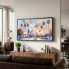 06 - Los Angeles Skyline Watercolor - Panorama Canvas Print with Black Floater Frame - Mid Century Room 2.jpg