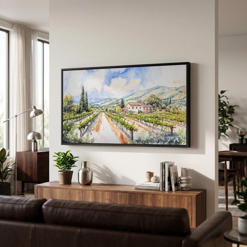 06 - Napa Valley California Watercolor - Panorama Canvas Print with Black Floater Frame - Mid Century Room 2.jpg 06 - Napa Valley California Watercolor - Panorama Canvas Print with Black Floater Frame - Mid Century Room 2.jpg