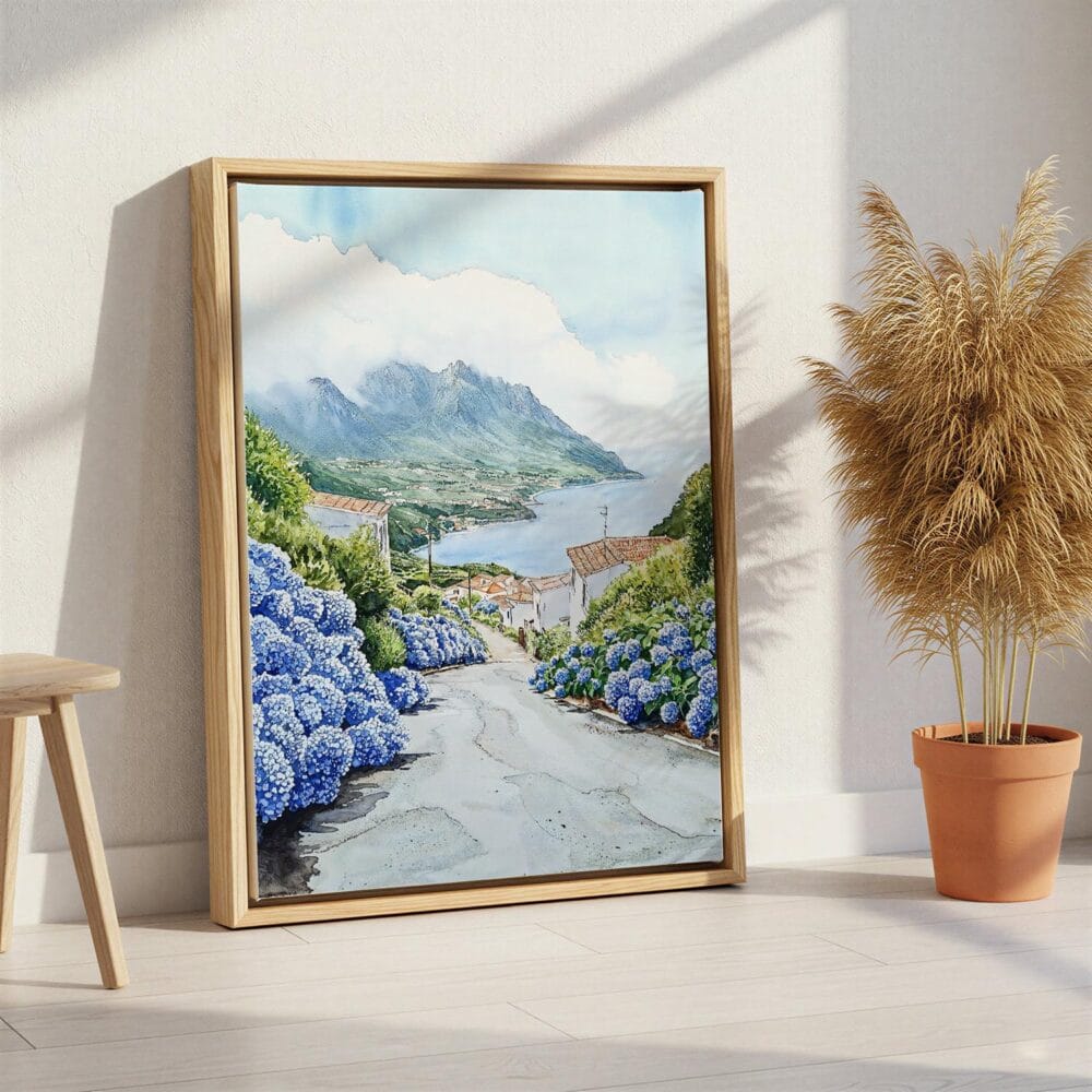 06 - Pico Island Portugal Watercolor Canvas Print with Natural Floater Frame - Standing on Floor - Vertical.jpg 06 - Pico Island Portugal Watercolor Canvas Print with Natural Floater Frame - Standing on Floor - Vertical.jpg