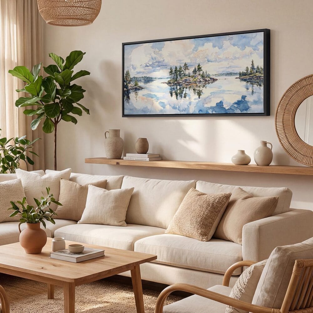 06 - Voyageurs National Park Watercolor - Panorama Canvas Print with Black Floater Frame - Boho Room.jpg 06 - Voyageurs National Park Watercolor - Panorama Canvas Print with Black Floater Frame - Boho Room.jpg