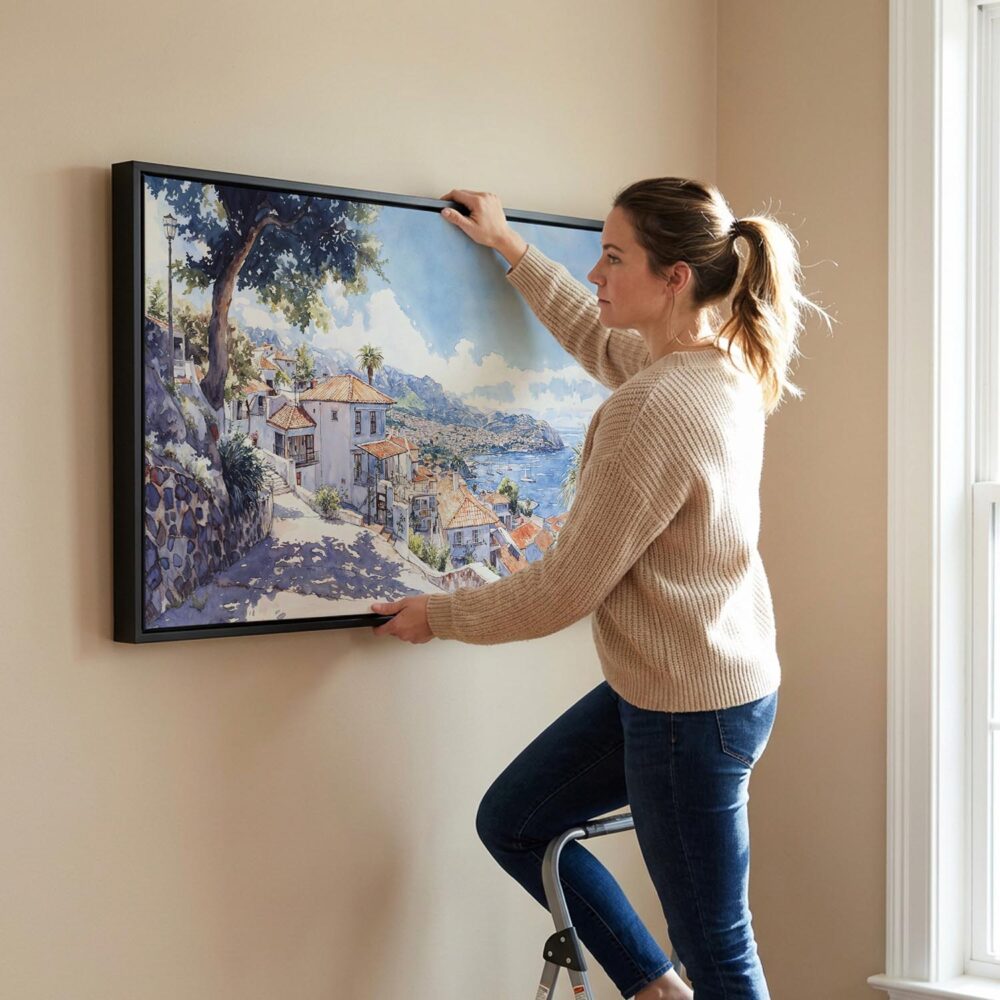 06 - Woman Hanging Madeira Portugal Watercolor - Panorama Canvas Wall art with Black Floater Frame.jpg 06 - Woman Hanging Madeira Portugal Watercolor - Panorama Canvas Wall art with Black Floater Frame.jpg