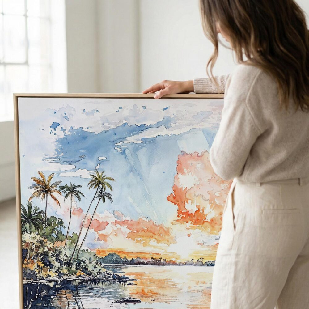 06 - Woman standing next to Large Biscayne National Park Watercolor - Square Canvas Print with Natural floater Frame.jpg 06 - Woman standing next to Large Biscayne National Park Watercolor - Square Canvas Print with Natural floater Frame.jpg