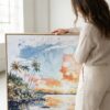 06 - Woman standing next to Large Biscayne National Park Watercolor - Square Canvas Print with Natural floater Frame.jpg