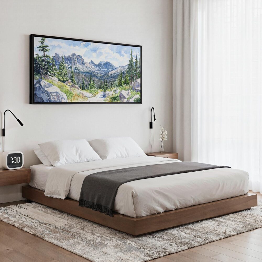 07 - Framed Colorado Rocky Mountains National Park Watercolor - Panorama Canvas Print - Bedroom.jpg 07 - Framed Colorado Rocky Mountains National Park Watercolor - Panorama Canvas Print - Bedroom.jpg