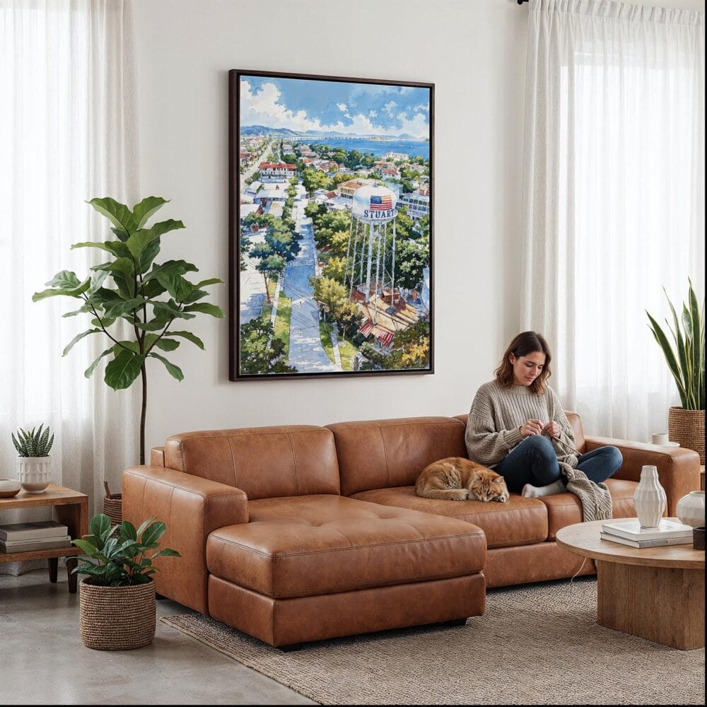 07 - Framed Stuart Florida Watercolor Canvas Print - Woman Knitting on leather couch - Vertical.jpg 07 - Framed Stuart Florida Watercolor Canvas Print - Woman Knitting on leather couch - Vertical.jpg