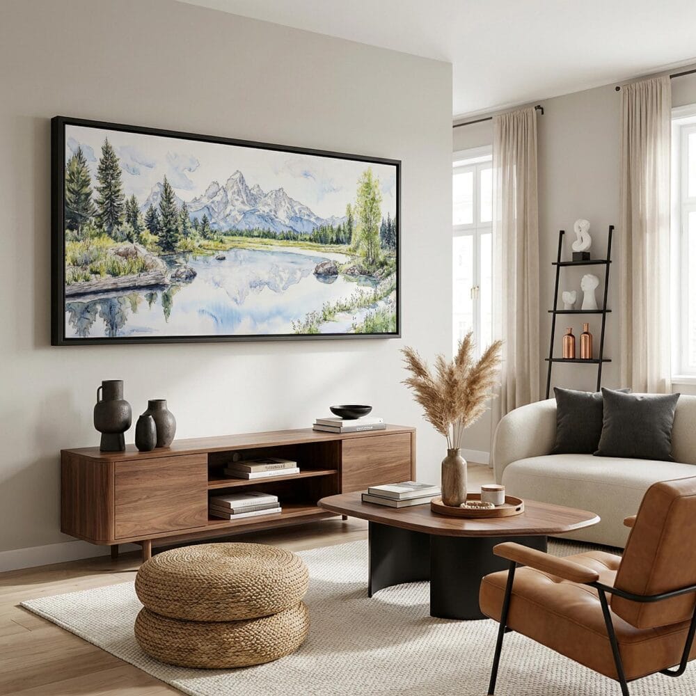 07 - Grand Teton National Park Watercolor - Panorama Canvas Print with Black Floater Frame - Mid Century Room.jpg 07 - Grand Teton National Park Watercolor - Panorama Canvas Print with Black Floater Frame - Mid Century Room.jpg