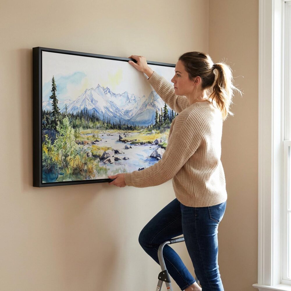 07 - Woman Hanging Denali National Park Watercolor - Panorama Canvas Wall art with Black Floater Frame.jpg 07 - Woman Hanging Denali National Park Watercolor - Panorama Canvas Wall art with Black Floater Frame.jpg
