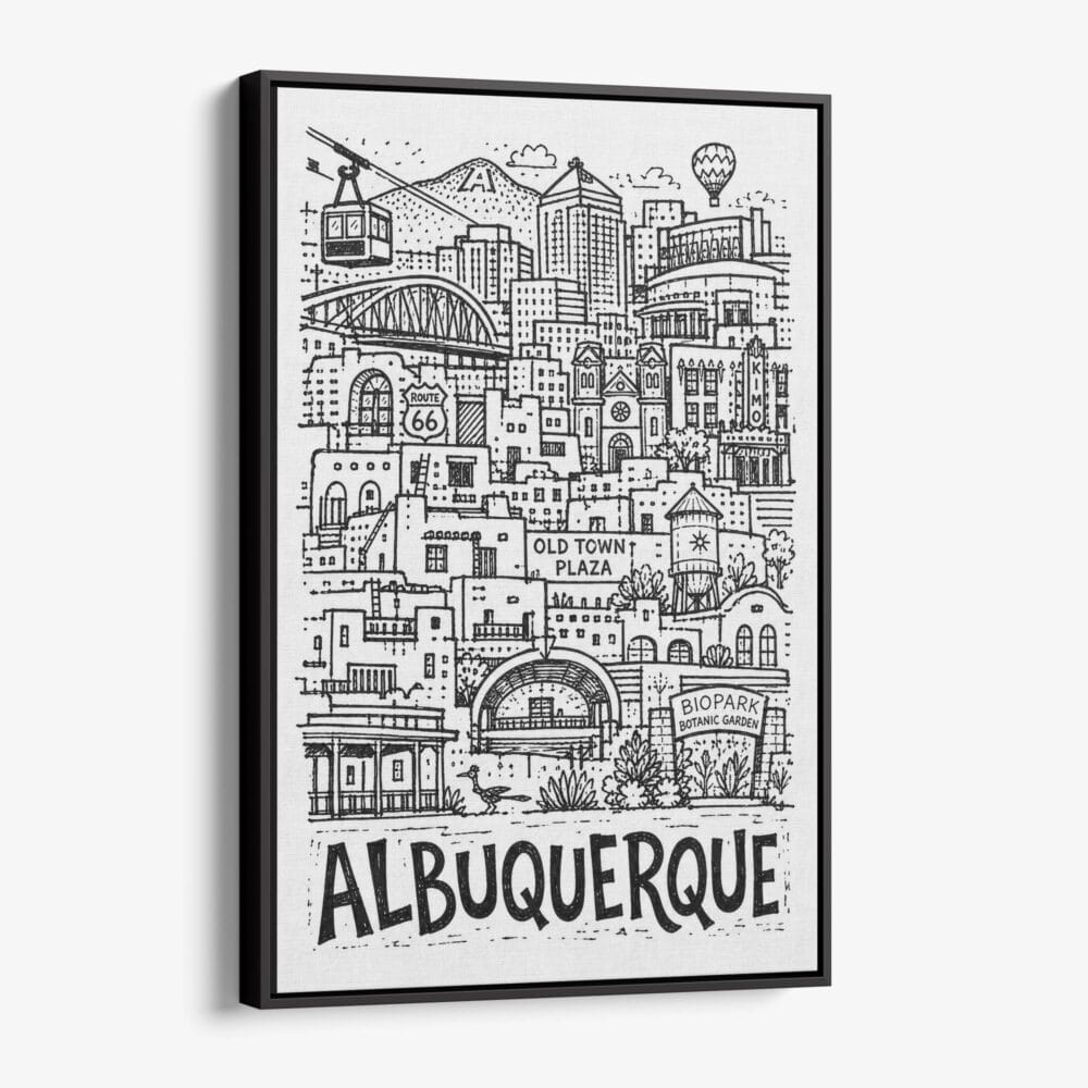 01 - Black Framed Albuquerque City Art - Pencil Style Canvas Print - Vertical - Main - Side view.jpg 01 - Black Framed Albuquerque City Art - Pencil Style Canvas Print - Vertical - Main - Side view.jpg