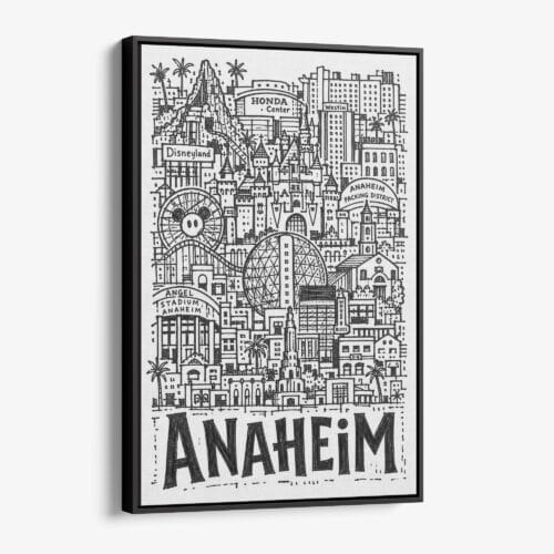 01 - Black Framed Anaheim City Art - Pencil Style Canvas Print - Vertical - Main - Side view.jpg