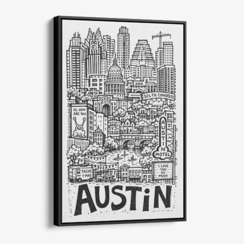 01 - Black Framed Austin City Art - Pencil Style Canvas Print - Vertical - Main - Side view.jpg