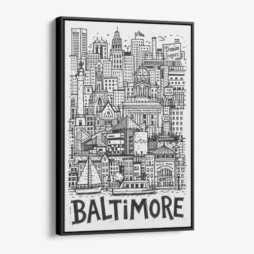 01 - Black Framed Baltimore City Art - Pencil Style Canvas Print - Vertical - Main - Side view.jpg