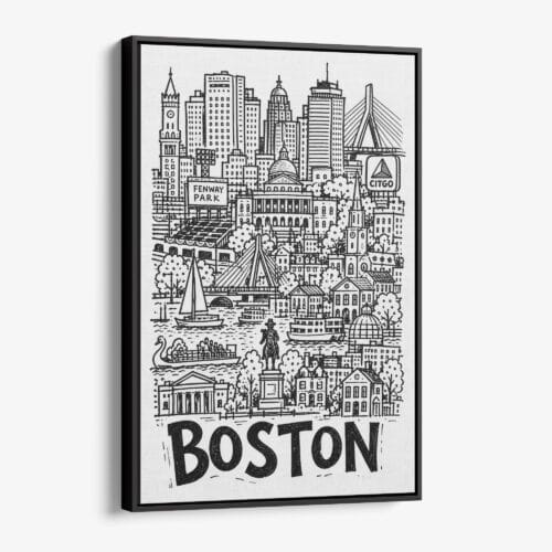 01 - Black Framed Boston City Art - Pencil Style Canvas Print - Vertical - Main - Side view.jpg