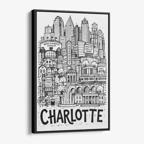 01 - Black Framed Charlotte City Art - Pencil Style Canvas Print - Vertical - Main - Side view.jpg