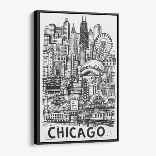 01 - Black Framed Chicago City Art - Pencil Style Canvas Print - Vertical - Main - Side view.jpg