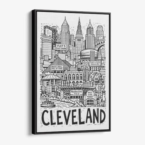 01 - Black Framed Cleveland City Art - Pencil Style Canvas Print - Vertical - Main - Side view.jpg