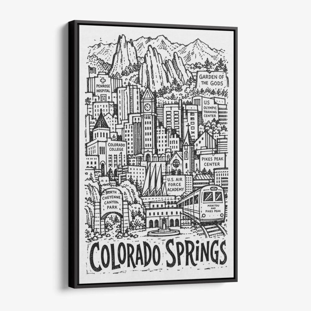 01 - Black Framed Colorado Springs City Art - Pencil Style Canvas Print - Vertical - Main - Side view.jpg