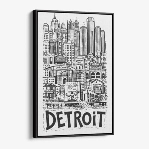 01 - Black Framed Detroit City Art - Pencil Style Canvas Print - Vertical - Main - Side view.jpg