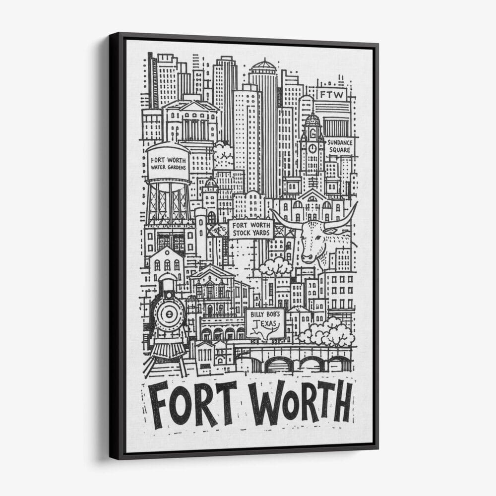 01 - Black Framed Fort Worth City Art - Pencil Style Canvas Print - Vertical - Main - Side view.jpg 01 - Black Framed Fort Worth City Art - Pencil Style Canvas Print - Vertical - Main - Side view.jpg