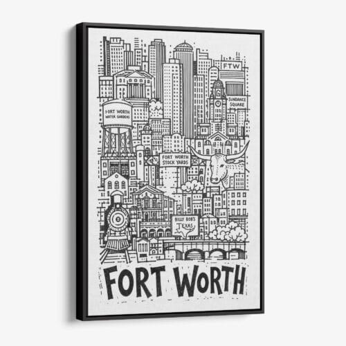 01 - Black Framed Fort Worth City Art - Pencil Style Canvas Print - Vertical - Main - Side view.jpg