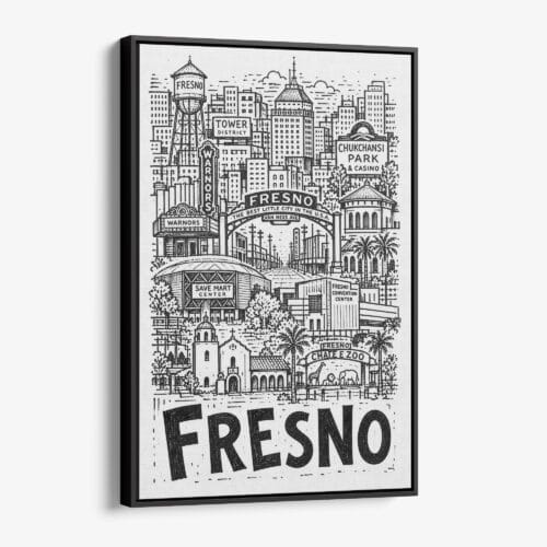 01 - Black Framed Fresno City Art - Pencil Style Canvas Print - Vertical - Main - Side view.jpg