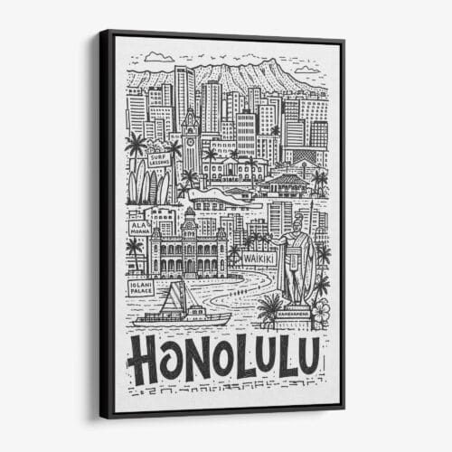 01 - Black Framed Honolulu City Art - Pencil Style Canvas Print - Vertical - Main - Side view.jpg