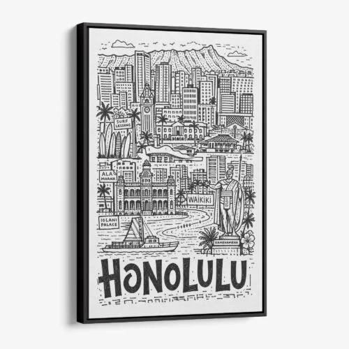 01 - Black Framed Honolulu City Art - Pencil Style Canvas Print - Vertical - Main - Side view.jpg