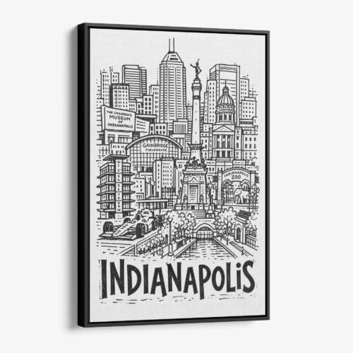 01 - Black Framed Indianapolis City Art - Pencil Style Canvas Print - Vertical - Main - Side view.jpg