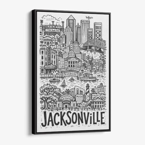 01 - Black Framed Jacksonville City Art - Pencil Style Canvas Print - Vertical - Main - Side view.jpg