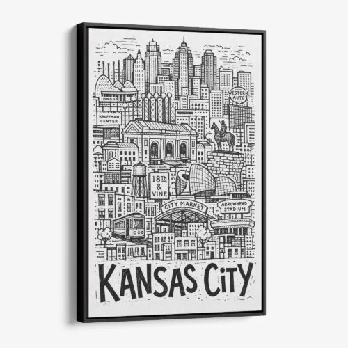 01 - Black Framed Kansas City Art - Pencil Style Canvas Print - Vertical - Main - Side view.jpg