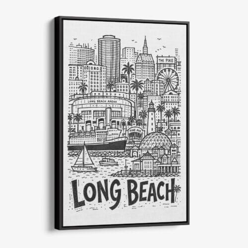 01 - Black Framed Long Beach City Art - Pencil Style Canvas Print - Vertical - Main - Side view.jpg