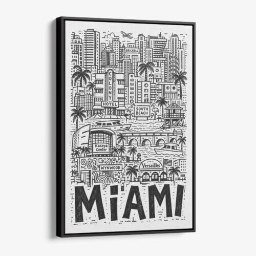 01 - Black Framed Miami City Art - Pencil Style Canvas Print - Vertical - Main - Side view.jpg
