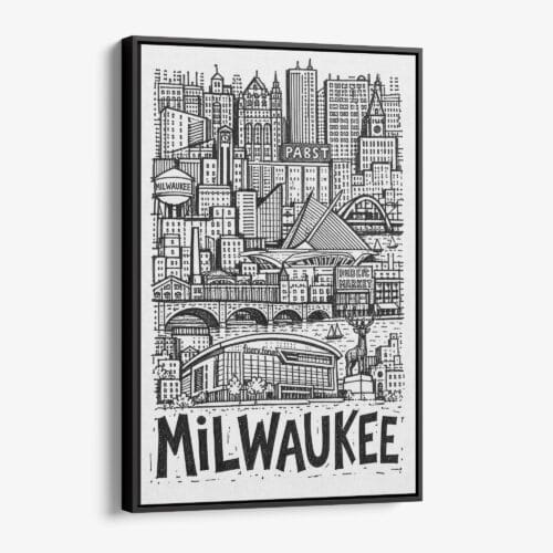 01 - Black Framed Milwaukee City Art - Pencil Style Canvas Print - Vertical - Main - Side view.jpg