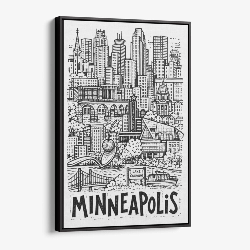 01 - Black Framed Minneapolis City Art - Pencil Style Canvas Print - Vertical - Main - Side view.jpg 01 - Black Framed Minneapolis City Art - Pencil Style Canvas Print - Vertical - Main - Side view.jpg