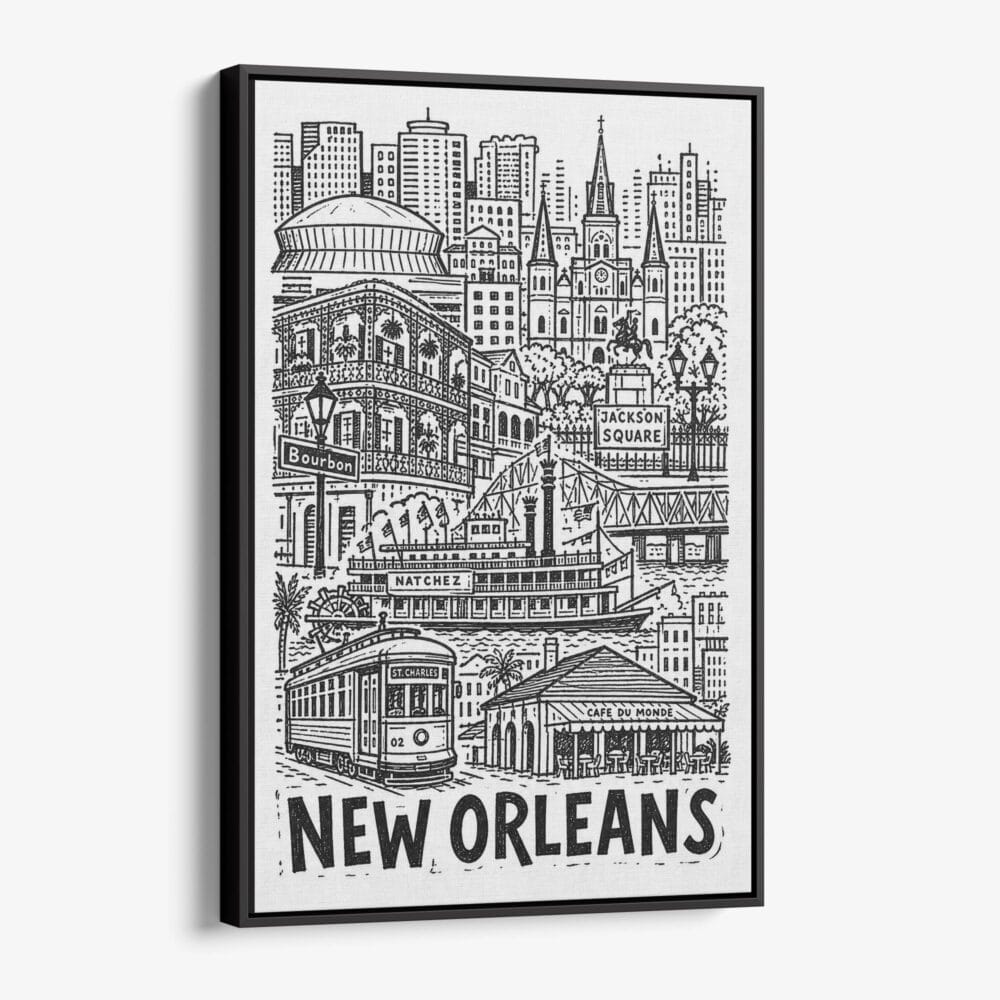 01 - Black Framed New Orleans City Art - Pencil Style Canvas Print - Vertical - Main - Side view.jpg 01 - Black Framed New Orleans City Art - Pencil Style Canvas Print - Vertical - Main - Side view.jpg