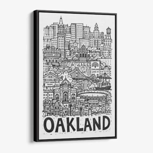 01 - Black Framed Oakland City Art - Pencil Style Canvas Print - Vertical - Main - Side view.jpg