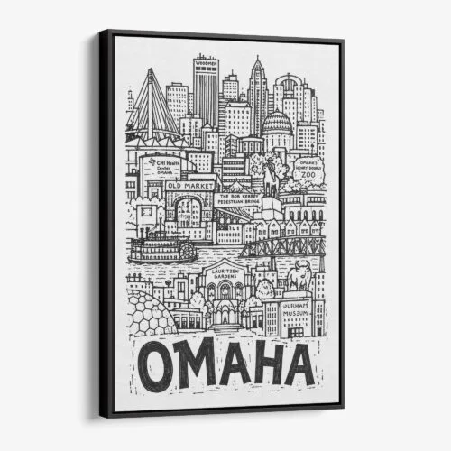 01 - Black Framed Omaha City Art - Pencil Style Canvas Print - Vertical - Main - Side view.jpg