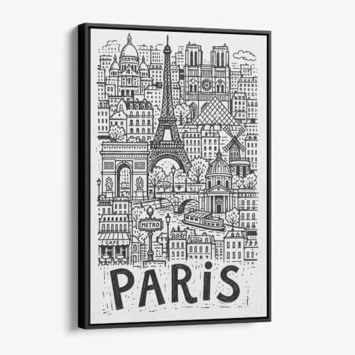 01 - Black Framed Paris City Art - Pencil Style Canvas Print - Vertical - Main - Side view.jpg
