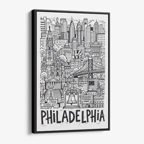 01 - Black Framed Philadelphia City Art - Pencil Style Canvas Print - Vertical - Main - Side view.jpg