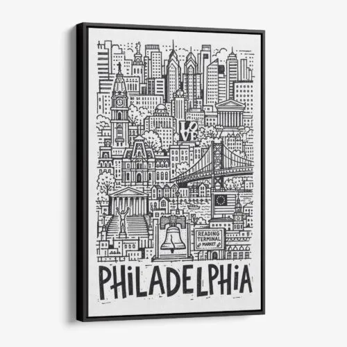 01 - Black Framed Philadelphia City Art - Pencil Style Canvas Print - Vertical - Main - Side view.jpg