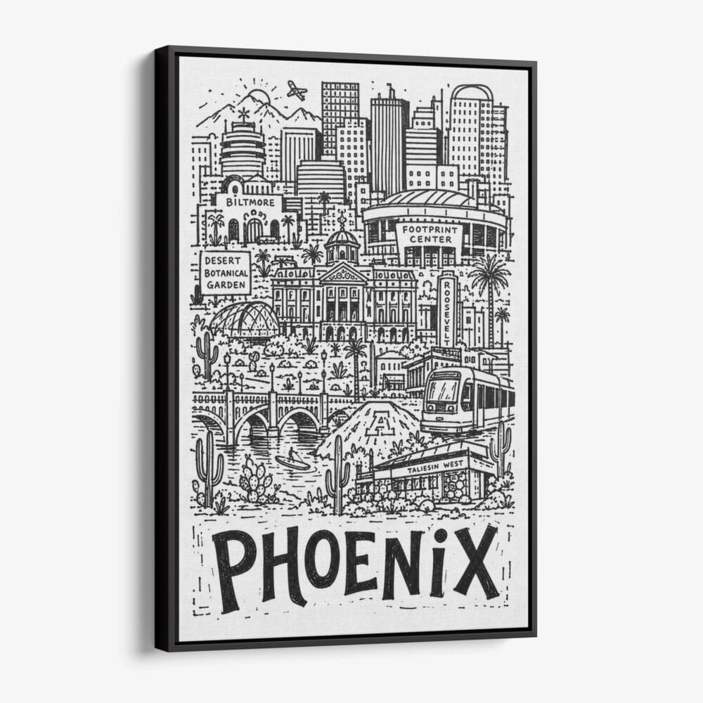 01 - Black Framed Phoenix City Art - Pencil Style Canvas Print - Vertical - Main - Side view.jpg 01 - Black Framed Phoenix City Art - Pencil Style Canvas Print - Vertical - Main - Side view.jpg