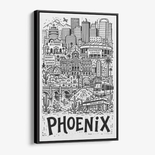 01 - Black Framed Phoenix City Art - Pencil Style Canvas Print - Vertical - Main - Side view.jpg