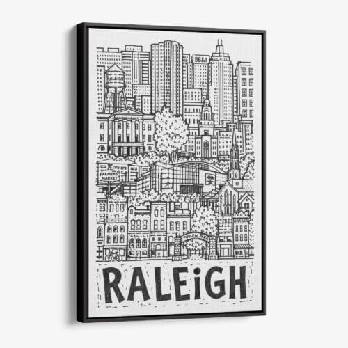 01 - Black Framed Raleigh City Art - Pencil Style Canvas Print - Vertical - Main - Side view.jpg