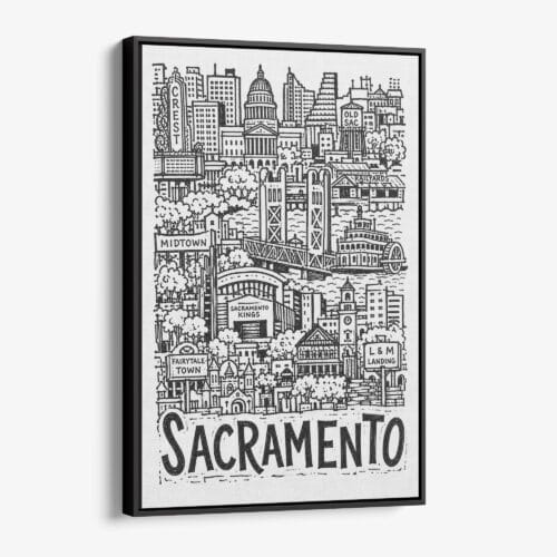 01 - Black Framed Sacramento City Art - Pencil Style Canvas Print - Vertical - Main - Side view.jpg