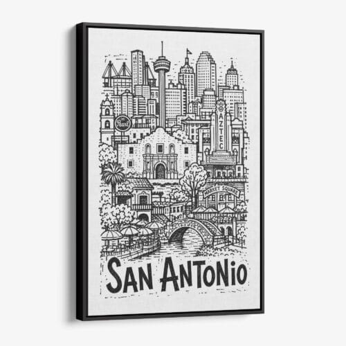 01 - Black Framed San Antonio City Art - Pencil Style Canvas Print - Vertical - Main - Side view.jpg