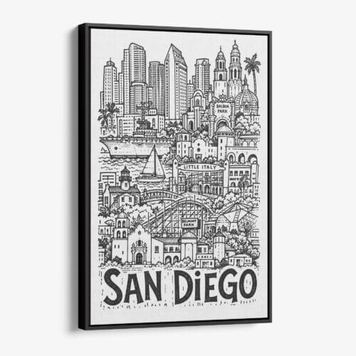 01 - Black Framed San Diego City Art - Pencil Style Canvas Print - Vertical - Main - Side view.jpg