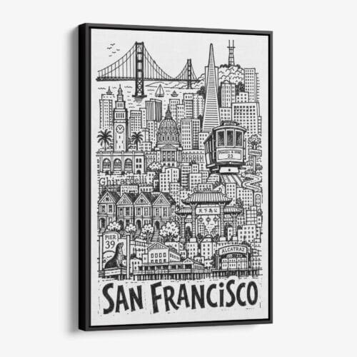 01 - Black Framed San Francisco City Art - Pencil Style Canvas Print - Vertical - Main - Side view.jpg