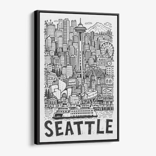 01 - Black Framed Seattle City Art - Pencil Style Canvas Print - Vertical - Main - Side view.jpg