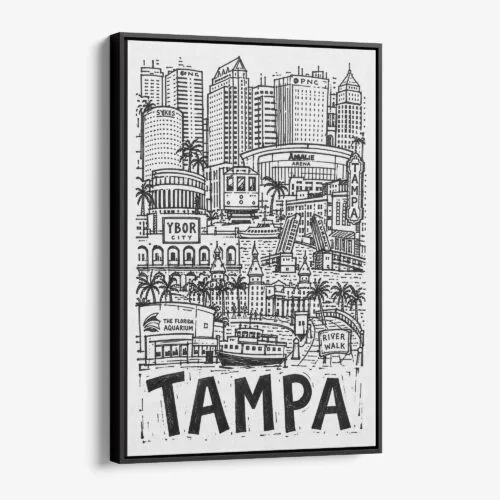 01 - Black Framed Tampa City Art - Pencil Style Canvas Print - Vertical - Main - Side view.jpg
